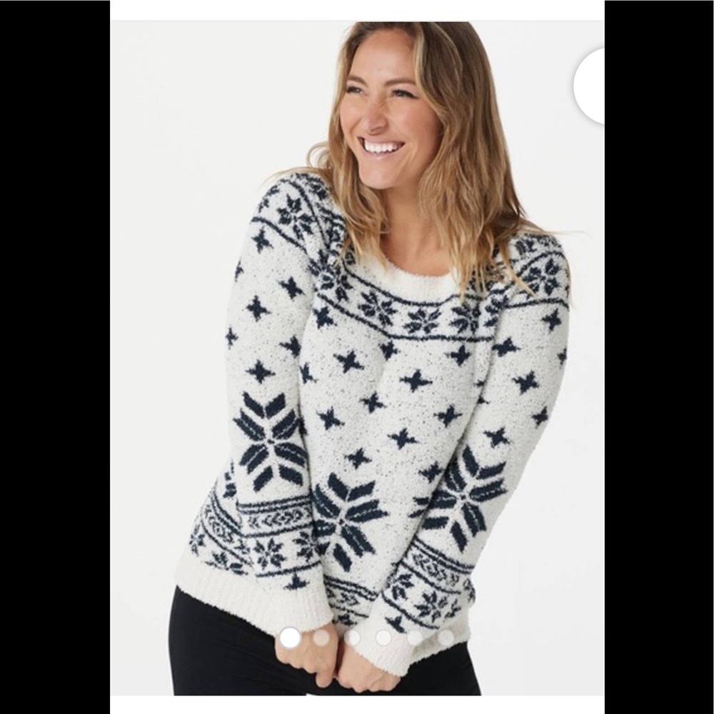 NWT Barefoot Dreams Cozy Chic Seaside Crew neck pullover, Cream Fair Isle sz L